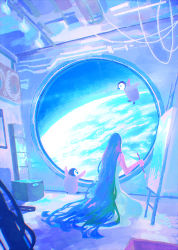 Rule 34 | 1girl, absurdly long hair, bird, blue hair, blue theme, cable, canvas (object), earth (planet), highres, holding, holding brush, long hair, looking afar, original, painting (action), pastel colors, penguin, planet, solo, space, spacecraft, spacecraft interior, straight hair, tabisumika, very long hair, wide shot, zero gravity