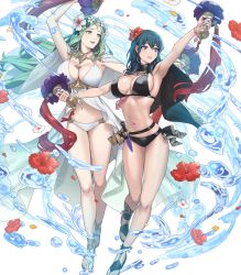 Rule 34 | 2girls, armpits, bikini, black bikini, black footwear, black vs white, blue eyes, breasts, byleth (female) (fire emblem), byleth (female) (summer) (fire emblem), byleth (fire emblem), cleavage, cuboon, dagger, feet, female focus, fire emblem, fire emblem: three houses, fire emblem heroes, flower, full body, green eyes, green hair, hair flower, hair ornament, highres, knife, large breasts, long hair, matching hair/eyes, multiple girls, nail polish, navel, nintendo, official alternate costume, official art, open mouth, parted lips, rhea (fire emblem), sandals, smile, stomach, swimsuit, toes, transparent background, water, water drop, weapon, white bikini, white footwear