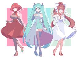 Rule 34 | 3girls, absurdly long hair, adapted costume, alternate costume, aqua eyes, aqua hair, aqua nails, breasts, brown hair, chest jewel, chocolate, cleavage, crossover, doki doki literature club, dress, earrings, elbow gloves, full body, gloves, green eyes, hatsune miku, headset, highres, jewelry, kotohatoko510, large breasts, long hair, long skirt, medium breasts, monika (doki doki literature club), multiple girls, nail polish, pantyhose, ponytail, pyra (xenoblade), red eyes, red hair, short hair, simple background, skirt, sleeveless, sleeveless dress, swept bangs, tiara, twintails, very long hair, vocaloid, white background, white dress, xenoblade chronicles (series), xenoblade chronicles 2