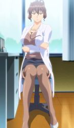Rule 34 | breasts, brown eyes, brown hair, highres, katsuragi aiko, lab coat, large breasts, mature female, mole, mole under mouth, rinkan club, stitched, thighhighs, third-party edit