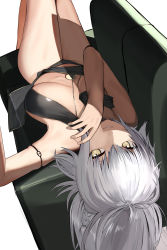 Rule 34 | 1girl, absurdres, bad id, bad pixiv id, bare shoulders, basaru 1106, bikini, black bikini, braid, breasts, cleavage, couch, fate/grand order, fate (series), grey hair, highres, jeanne d&#039;arc alter (fate), jeanne d&#039;arc alter (festival outfit) (fate), large breasts, long hair, looking at viewer, lying, multiple braids, o-ring, o-ring bikini, official alternate costume, on back, sarong, swimsuit, very long hair, yellow eyes