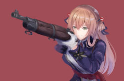 Rule 34 | blue jacket, bolt action, brown hair, dress, girls&#039; frontline, gloves, gun, hair rings, highres, holding, holding weapon, jacket, long hair, m1903 springfield, martinreaction, red background, rifle, sidelocks, springfield (girls&#039; frontline), weapon, white dress, white gloves