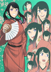 Rule 34 | 1girl, :d, :o, akane-banashi, black hair, earrings, folding fan, gradient hair, green background, grin, hand fan, highres, holding, holding fan, japanese clothes, jewelry, kimono, long hair, looking at viewer, multicolored hair, multiple views, open mouth, osaki akane (akane-banashi), rakugo, red kimono, simple background, single earring, smile, sooma4869, standing, two-tone hair, wide sleeves
