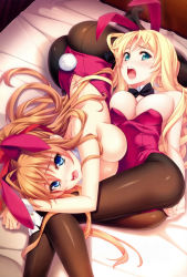Rule 34 | 2girls, absurdres, animal ears, aqua eyes, ass, back, bare shoulders, bed, blonde hair, blue eyes, blush, bow, bowtie, breasts, brown legwear, rabbit ears, calendar, cleavage, detached collar, elf, embarrassed, fake animal ears, green eyes, hair ribbon, highres, kannatsuki noboru, large breasts, lying, maou to odore!, maou to odore! code:arcana, multiple girls, on side, open mouth, pantyhose, playboy bunny, pointy ears, ponytail, ribbon, ryisu, scan, teeth, tiana (maou to odore!), tongue, wrist cuffs