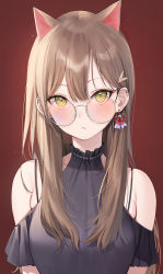 Rule 34 | 1girl, animal ears, bare shoulders, black shirt, bra strap, breasts, brown hair, cat ears, closed mouth, clothing cutout, earrings, emyo, expressionless, extra ears, green eyes, hair ornament, hairclip, highres, jewelry, long hair, looking at viewer, looking over eyewear, looking over glasses, original, pink-tinted eyewear, pink-tinted glasses, red background, round eyewear, shirt, shoulder cutout, solo, sunglasses, tinted eyewear, upper body