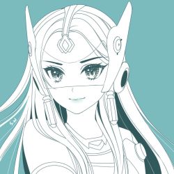 Rule 34 | 1girl, artist name, closed mouth, earrings, eyelashes, forehead jewel, green background, green lips, headgear, jewelry, kaoruru (sakuno2911), limited palette, lips, long hair, looking at viewer, monochrome, overwatch, overwatch 1, simple background, solo, spot color, symmetra (overwatch), upper body, visor
