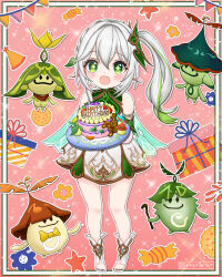 1girl absurdres aranara_(genshin_impact) bare_shoulders blush cake cape chinese_commentary commentary commentary_request detached_sleeves dress english_commentary food full_body genshin_impact gold_trim gradient_hair green_cape green_eyes green_hair green_sleeves hair_between_eyes hair_ornament happy_birthday highres holding holding_cake holding_food holding_tray leaf_hair_ornament looking_at_viewer mixed-language_commentary multicolored_hair nahida_(genshin_impact) nanamedp open_mouth pointy_ears side_ponytail sleeveless sleeveless_dress solo standing star-shaped_pupils star_(symbol) stirrup_legwear symbol-shaped_pupils toeless_legwear toes tray white_dress white_hair