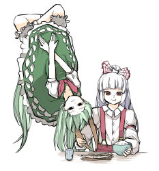 Rule 34 | 2girls, bare arms, black eyes, blank stare, bow, bowl, brown eyes, buttons, closed mouth, crossed arms, cup, dress, eating, empty eyes, ex-keine, food, fujiwara no mokou, grabbing, green dress, green hair, hair bow, highres, holding, holding bowl, horn grab, horns, kamishirasawa keine, long hair, long sleeves, looking at viewer, looking down, multiple girls, outstretched arms, peroponesosu., shirt, short sleeves, simple background, suspenders, touhou, upside-down, white background, white hair