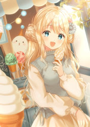 Rule 34 | 1girl, :d, arms up, blonde hair, blue eyes, breasts, chalkboard, commentary, day, dress, dutch angle, flower, food, gradient hair, grey hair, grey sweater vest, hair flower, hair ornament, highres, holding, holding food, ice cream, ice cream cone, indoors, kompeitou (lemon garden), long sleeves, looking at viewer, medium breasts, multicolored hair, open mouth, original, photo (object), puffy long sleeves, puffy sleeves, seal (animal), shop, short hair, smile, soft serve, solo, string of light bulbs, sweater vest, symbol-only commentary, yellow dress