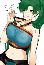 Rule 34 | 1girl, absurdres, bare shoulders, breasts, earrings, fire emblem, fire emblem: the blazing blade, fire emblem warriors, green eyes, green hair, highres, jewelry, large breasts, looking to the side, lyn (fire emblem), navel, nintendo, ormille, ponytail, sketch, strapless, sweat, tube top