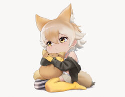 Rule 34 | 1girl, animal ears, artist name, beleven, black jacket, blonde hair, blush, commentary, coyopotato, coyote (kemono friends), english commentary, extra ears, feet, full body, gloves, hair between eyes, highres, hugging object, jacket, kemono friends, kemono friends v project, kneeling, long sleeves, multicolored hair, no shoes, o3o, shirt, short hair, simple background, sitting, skirt, solo, tail, thighhighs, virtual youtuber, wariza, white background, white hair, white shirt, wolf ears, wolf girl, wolf tail, yellow eyes, yellow gloves, yellow thighhighs