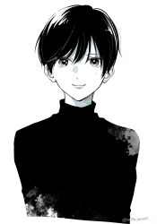 Rule 34 | 1girl, androgynous, closed mouth, commentary, cropped torso, eyelashes, hair between eyes, high contrast, highres, lips, looking at viewer, monochrome, original, saitou shiori (pixiv14549321), shirt, short hair, simple background, splatter, straight-on, turtleneck, upper body