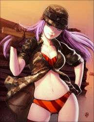 Rule 34 | 1girl, bad deviantart id, bad id, breasts, camouflage, cleavage, commentary, fallout (series), fallout 3, gloves, hand on own hip, hat, hip focus, large breasts, lone wanderer, midriff, navel, original, purple eyes, purple hair, qiqo, solo, striped, thighhighs