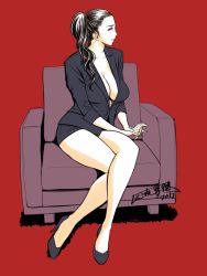 Rule 34 | 10s, 1girl, 2012, breasts, brown eyes, brown hair, business suit, chair, cleavage, clothes, crossed legs, dated, formal, jacket, large breasts, legs, long hair, mature female, miniskirt, office lady, original, pencil skirt, ponytail, red background, signature, simple background, sitting, skirt, skirt suit, solo, suit, tatsunami youtoku