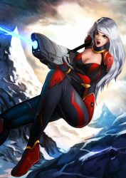 Rule 34 | 1girl, bodysuit, breasts, cleavage, energy gun, fantasy, firing, highres, large breasts, laser rifle, long hair, making-of available, open mouth, original, power suit, silver hair, solo, tommy suhartono, weapon