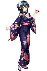 Rule 34 | 1girl, artist request, black hair, bow, bowtie, breasts, character request, cleavage, cup, floral print, flower, full body, gang of heaven, hair flower, hair ornament, holding, japanese clothes, kimono, large breasts, long hair, looking at viewer, obi, official art, purple eyes, sakazuki, sandals, sash, smile, solo, standing, sword, tabi, transparent background, weapon, white legwear, wide sleeves