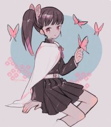 Rule 34 | 1girl, belt, black hair, black skirt, blunt bangs, bug, butterfly, cropped legs, hand up, insect, invisible chair, kimetsu no yaiba, l hakase, long sleeves, looking at viewer, pink butterfly, pleated skirt, purple eyes, side ponytail, sitting, skirt, smile, solo, tsuyuri kanao, twitter username, white belt