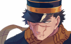 Rule 34 | 1boy, asada hachi, blurry, brown hair, closed mouth, commentary request, depth of field, golden kamuy, hat, looking to the side, male focus, military, military hat, military uniform, portrait, scar, scar on face, scar on mouth, scar on nose, scarf, serious, short hair, simple background, solo, sugimoto saichi, uniform, white background
