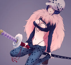 Rule 34 | 1girl, :q, areola slip, ass, breast cutout, breast tattoo, breasts, canon genderswap, cheese neko3, coat, covered erect nipples, denim, feather coat, fur hat, genderswap, genderswap (mtf), hat, highleg, highleg panties, highres, holding, holding sheath, holding sword, holding weapon, jeans, katana, long sleeves, looking at viewer, medium breasts, navel, one piece, panties, pants, pink coat, sexually suggestive, sheath, sword, tattoo, tongue, tongue out, trafalgar law, underwear, weapon, yellow eyes