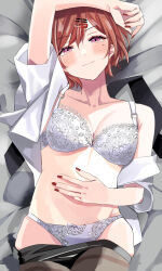 Rule 34 | 1girl, arm up, atto silia, blush, bra, brown hair, commentary request, hair ornament, hairclip, highres, higuchi madoka, idolmaster, idolmaster shiny colors, looking at viewer, lying, mole, mole under eye, on back, on bed, open clothes, open shirt, panties, red nails, shirt, short hair, smile, solo, swept bangs, underwear, white bra, white panties, white shirt