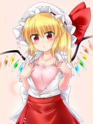 Rule 34 | 1girl, :c, blonde hair, blouse, blush, bow, breasts, chemise, covered erect nipples, cowboy shot, crystal, flandre scarlet, hair between eyes, hands up, hat, hat bow, head tilt, highres, long hair, marukyuu ameya, mob cap, open clothes, open shirt, ponytail, puffy short sleeves, puffy sleeves, red eyes, ribbon, shirt, short sleeves, slit pupils, small breasts, solo, sweatdrop, touhou, translated, unbuttoned, undressing, wings