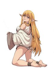 Rule 34 | 1girl, absurdres, anklet, barefoot, blonde hair, chuckuddin, commentary, ear bar, elf, english commentary, eyelashes, feet, full body, glaze artifacts, hair tubes, highres, jewelry, kneeling, long hair, looking at viewer, low-tied sidelocks, parted lips, pointy ears, robe, serie (sousou no frieren), soles, solo, sousou no frieren, toes, very long hair, white robe, wide sleeves