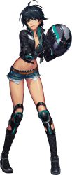 Rule 34 | 1girl, absurdres, belt, black hair, black survival, blue eyes, cropped jacket, cutoffs, earrings, full body, gloves, helmet, highres, jacket, jewelry, knee pads, leather, leather gloves, looking at viewer, midriff, motorcycle helmet, navel, official art, one touch, open clothes, open jacket, short hair, short shorts, shorts, silvia piquet, smile, solo, standing, transparent background