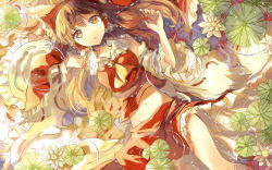 Rule 34 | 1girl, ascot, brown hair, detached sleeves, fish, flower, from above, goldfish, groin, hair ornament, hakurei reimu, highres, japanese clothes, lily pad, long hair, lying, lying on water, midriff, miko, navel, on back, orange eyes, partially submerged, red skirt, ruoxuanxuanorz, skirt, skirt set, solo, touhou, water