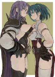 Rule 34 | 2girls, armor, asymmetrical docking, belt, black leotard, blush, border, breast press, breasts, brown cape, brown gloves, cape, cleavage, cleavage cutout, closed mouth, clothing cutout, dress, ebimomo, eye contact, furrowed brow, gloves, green background, green eyes, green hair, hair ornament, hairband, hairclip, hands on own hips, highleg, highleg leotard, highres, large breasts, leotard, looking at another, looking at viewer, medium breasts, multicolored cape, multicolored clothes, multiple girls, original, pauldrons, purple cape, purple eyes, purple hair, red dress, short hair, shoulder armor, shoulder spikes, side slit, simple background, spikes, standing, thighhighs, white border, white legwear