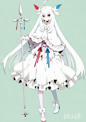 Rule 34 | 1girl, ahoge, arm at side, asymmetrical legwear, bad id, bad link, bad nicoseiga id, blue pantyhose, blue ribbon, bow, bowtie, capelet, closed mouth, commentary request, creatures (company), dress, footwear bow, frilled capelet, frilled dress, frills, full body, game freak, gen 4 pokemon, gloves, green background, grey eyes, hair between eyes, hair ribbon, hairband, hand up, happy, highres, holding, holding polearm, holding weapon, long hair, looking at viewer, merlusa, mismatched legwear, necktie, nintendo, pantyhose, partisan (weapon), personification, pigeon-toed, pokedex number, pokemon, polearm, red pantyhose, red ribbon, ribbon, shoes, short necktie, sidelocks, simple background, smile, solo, split mouth, standing, togekiss, very long hair, weapon, white bow, white bowtie, white capelet, white dress, white footwear, white gloves, white hair, white hairband, white necktie