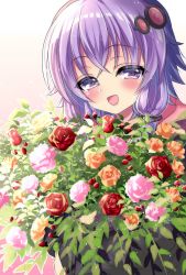Rule 34 | 1girl, blush, bouquet, commentary, crossed arms, flower, hair ornament, half-closed eyes, highres, hinao, holding, holding bouquet, hood, hoodie, long sleeves, looking at viewer, low twintails, open mouth, purple eyes, purple hair, rose, short hair with long locks, smile, solo, twintails, vocaloid, voiceroid, yuzuki yukari