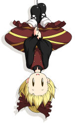 Rule 34 | 1girl, blonde hair, bow, brown dress, chibi, dress, hair bow, hairline, hanging, kurodani yamame, long sleeves, looking at viewer, mazume, open mouth, shirt, simple background, smile, solo, touhou, upside-down, v arms, white background, | |