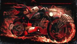 Rule 34 | 1boy, absurdres, english text, fire, furry, furry male, gloves, highres, kornart, looking at viewer, on motorcycle, red eyes, shadow the hedgehog, shoes, solo, sonic (series), watermark, white gloves