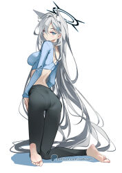 Rule 34 | 1girl, animal ear fluff, animal ears, barefoot, black pants, blue archive, blue eyes, blue shirt, breasts, closed mouth, cross hair ornament, dark halo, extra ears, full body, grey hair, hair between eyes, hair ornament, halo, large breasts, long hair, long sleeves, pants, shiroko (blue archive), shiroko terror (blue archive), shirt, simple background, soles, solo, sydus, toes, white background, wolf ears