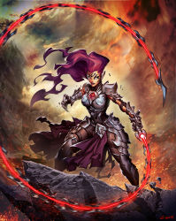 Rule 34 | 1girl, armor, armored boots, armored dress, belt, boots, breastplate, breasts, building, chain, cliff, cloud, commentary, darksiders, darksiders iii, english commentary, facial mark, facing viewer, fighting stance, floating hair, fury (darksiders), gauntlets, genzoman, gloves, hand up, holding, holding weapon, holding whip, large breasts, long hair, looking at viewer, no pupils, official art, open mouth, outdoors, pupiless eyes, purple hair, sky, solo, standing, tagme, teeth, tongue, weapon, whip, white eyes