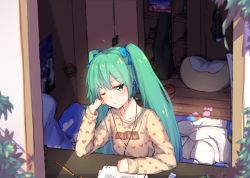 Rule 34 | 1girl, artist self-reference, blush, book, box, breasts, character name, clothes, collarbone, desk, earphones, english text, eraser, eyelashes, green hair, guitar case, hair ribbon, hatsune miku, head rest, head tilt, indoors, instrument case, leaf, long hair, long sleeves, one eye closed, paper, pencil, poster (medium), poster (object), ribbon, room, shelf, shirt, sitting, small breasts, solo, twintails, vocaloid, window, zhayin-san