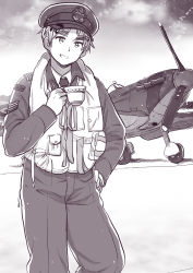 Rule 34 | 1boy, aircraft, axis powers hetalia, cup, greyscale, hand on own hip, hat, himaruya hidekazu (style), holding, holding cup, jacket, kuro (parade), long sleeves, male focus, military, military uniform, monochrome, open mouth, outdoors, pants, solo, teacup, thick eyebrows, uniform, united kingdom (hetalia), vest