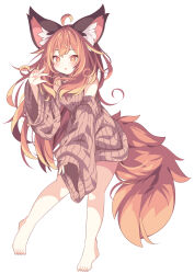 Rule 34 | 1girl, ahoge, animal ear fluff, animal ears, bare shoulders, barefoot, blush, breasts, brown eyes, brown hair, brown sleeves, brown sweater, commentary request, daidai ookami, detached sleeves, full body, highres, long hair, long sleeves, medium breasts, original, parted lips, puffy long sleeves, puffy sleeves, ribbed sweater, simple background, sleeveless, sleeveless sweater, sleeveless turtleneck, sleeves past wrists, solo, standing, standing on one leg, sweater, tail, turtleneck, turtleneck sweater, very long hair, white background, wide sleeves