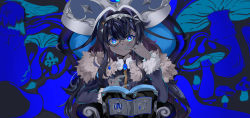 Rule 34 | 1girl, absurdres, black hair, blue background, blue eyes, blue hair, book, brooch, coat, fur-trimmed coat, fur-trimmed sleeves, fur trim, hat, highres, hololive, hololive china, jewelry, king (vocaloid), long hair, long sleeves, looking at viewer, mianbao yao a yao, monocle, mushroom, official art, rosalyn (hololive), solo, straight-on, symbol-shaped pupils, virtual youtuber, vocaloid