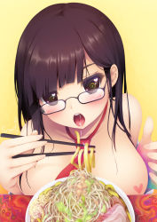 Rule 34 | 1girl, @ @, artist name, bare shoulders, black hair, blush, bowl, breasts, chopsticks, commentary request, eating, food, glasses, green eyes, hair over shoulder, heart, holding, holding chopsticks, large breasts, morita (moritania), necktie, no bra, no pupils, noodles, off shoulder, open mouth, original, red necktie, saliva, saliva trail, simple background, solo, teeth, tongue, upper body, upper teeth only, yellow background