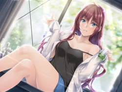 Rule 34 | 10s, 1girl, bare legs, bare shoulders, beaker, blue eyes, blue shorts, blurry, blurry background, blush, breasts, brown hair, camisole, coat, collarbone, crossed legs, curtains, dutch angle, erlenmeyer flask, flask, holding, ichinose shiki, idolmaster, idolmaster cinderella girls, indoors, lab coat, long hair, long sleeves, looking at viewer, nayuta69, off shoulder, open clothes, open coat, pinky out, shorts, sitting, sleeves past wrists, smile, solo, spaghetti strap, strap gap, strap slip, test tube, unbuttoned, window
