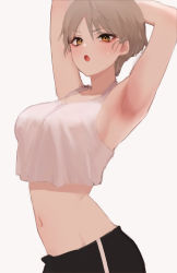 Rule 34 | 1girl, armpits, blonde hair, blue archive, blush, breasts, commentary, english commentary, eyelashes, eyes visible through hair, gadeung hye, hair between eyes, highres, large breasts, marina (blue archive), navel, open mouth, short hair, solo, sweat, tank top, white background, yellow eyes
