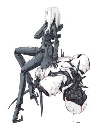 Rule 34 | 1girl, arm up, black bodysuit, blame!, blunt bangs, bodysuit, cibo, colored skin, cyberpunk, cyborg, damaged, defeat, expressionless, from side, full body, greyscale, highres, joints, long hair, long legs, mechanical arms, mechanical hands, mechanical legs, monochrome, nihei tsutomu, pale skin, robot, robot joints, safeguard (blame!), single mechanical arm, single mechanical hand, sitting, solo, spot color, tall, tall female, white eyes, white skin