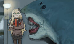 Rule 34 | 1girl, asymmetrical bangs, black sailor collar, black skirt, blonde hair, book, bright pupils, brown pantyhose, brown shirt, closed mouth, derivative work, expressionless, green eyes, highres, holding, holding book, house, house shark (movie), indoors, insect hair ornament, lamp, long hair, long sleeves, looking ahead, looking at another, matangom, matangomu-chan, monster, neckerchief, original, pantyhose, parody, pillbug, pleated skirt, red neckerchief, sailor collar, scene reference, school uniform, serafuku, shark, shirt, skirt, solo, white pupils