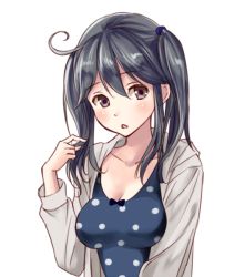Rule 34 | 1girl, :o, ahoge, alternate hairstyle, bad id, bad pixiv id, black hair, black one-piece swimsuit, blush, breasts, brown eyes, casual one-piece swimsuit, cleavage, collarbone, grey hoodie, hair between eyes, hood, hood down, hoodie, kantai collection, kurage1, long hair, long sleeves, medium breasts, one-piece swimsuit, open clothes, open hoodie, open mouth, playing with own hair, polka dot, polka dot swimsuit, simple background, solo, swimsuit, tareme, twintails, upper body, ushio (kancolle), white background