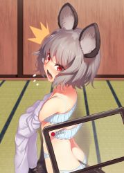 Rule 34 | ^^^, 1girl, angry, animal ears, ass, back, blush, bra, cinderella bust, d:, d:&lt;, flying sweatdrops, full-face blush, grey hair, kaiza (rider000), looking at viewer, lowres, mouse ears, mouse tail, nazrin, open mouth, panties, recording, red eyes, shirt, short hair, simple background, solo, surprised, tail, touhou, underwear, underwear only, v-shaped eyebrows, white background