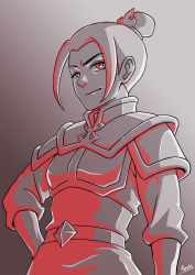 Rule 34 | 1girl, avatar: the last airbender, avatar legends, azula, gradient background, greyscale, hair ornament, hand on own hip, monochrome, red eyes, shiori lee jeng, shoulder pads, sidelocks, smile, solo, spot color, topknot, upper body
