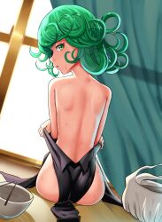 Rule 34 | 1girl, ass, bag, black dress, bowl, chopsticks, commentary, curtains, dress, dutch angle, from behind, green eyes, grey hair, highres, looking back, nicomamu, one-punch man, petite, plastic bag, profile, shoulder blades, sitting, solo, spanish commentary, sweat, tatsumaki, undressing, window