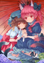 Rule 34 | 2girls, animal ears, blush, braid, brown hair, cat ears, cat tail, chen, day, dress, extra ears, flower, hair ribbon, hat, highres, holding, holding umbrella, hydrangea, japa, kaenbyou rin, leg ribbon, long hair, looking at another, looking at viewer, mob cap, multiple girls, multiple tails, oil-paper umbrella, outdoors, parted lips, puffy sleeves, rain, red eyes, red hair, ribbon, short hair, short sleeves, squatting, tail, touhou, tress ribbon, twin braids, umbrella, white legwear