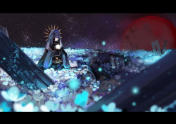 Rule 34 | 1girl, absurdres, anyeyisheng, arm hair, black dress, black hair, black veil, chinese commentary, closed mouth, commentary request, dress, evernight goddess, extra arms, field, flower, flower field, halo, hidden eyes, highres, holding, holding scythe, holding weapon, letterboxed, long hair, lord of the mysteries, moon, night, night sky, pillar, plant, red moon, ruins, scythe, sky, solo, space, star (sky), veil, vines, weapon